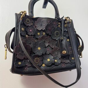 Floral Appliqué Leather Satchel - Black/Brown
